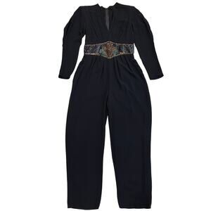 Vintage Black Sequin Waist Jumpsuit | Sheer Sleeve, V-Neck, Pockets, Formal Glam